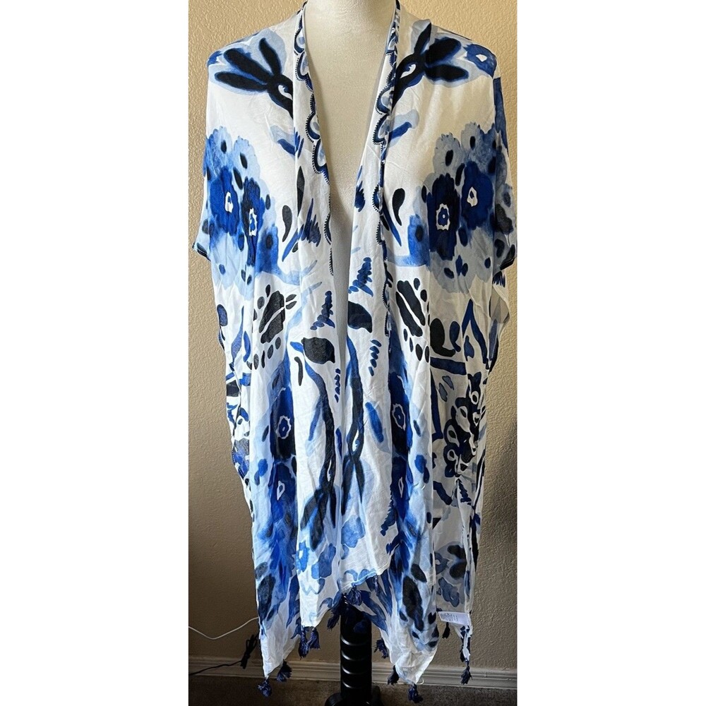 Moss Rose cover up kimono blue white floral caftan tassels womens one size